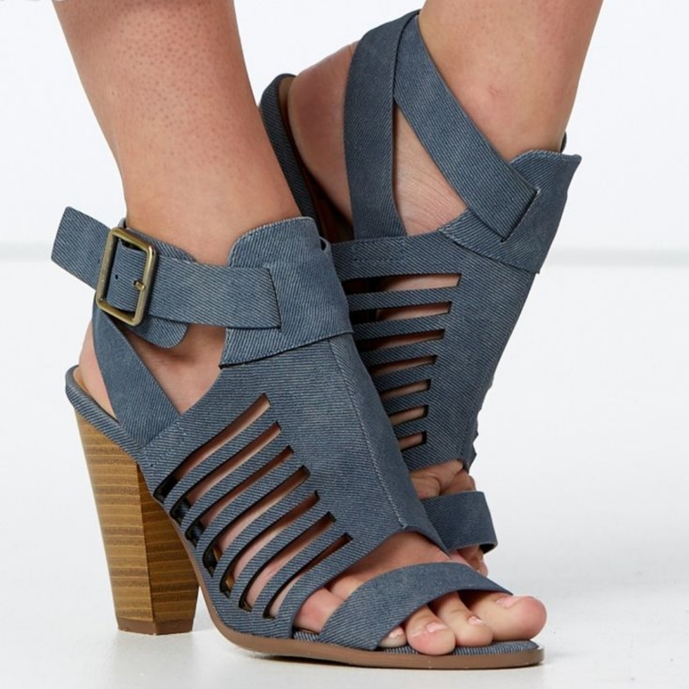 Gladiator caged denim heels